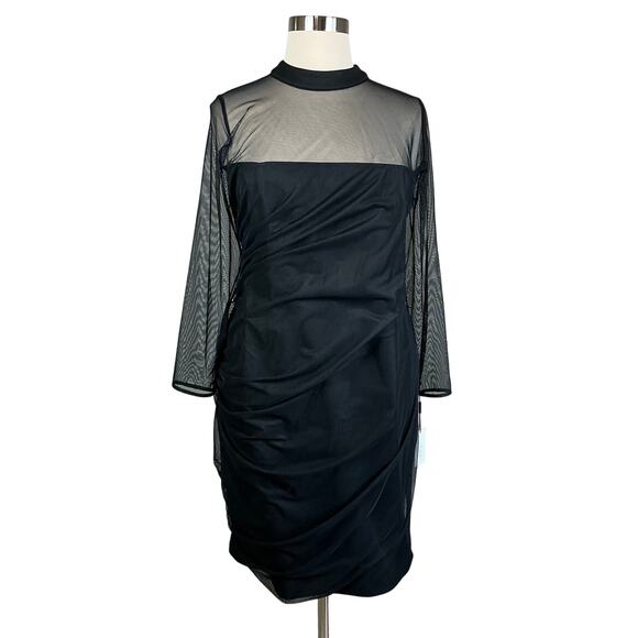 Calvin Klein Black Long Sleeve Sheath Cocktail Dress Size 22W Ruched Sheer Neck - Picture 1 of 12
